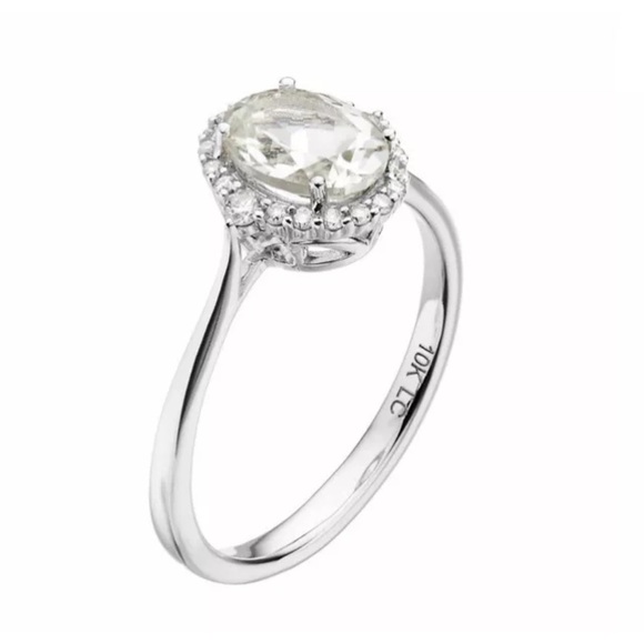LC Lauren Conrad 10k White Gold Green Quartz & 1/8 Carat Diamond Oval Halo Ring - Picture 2 of 5